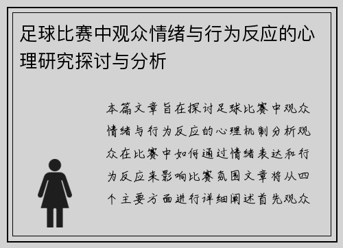 足球比赛中观众情绪与行为反应的心理研究探讨与分析