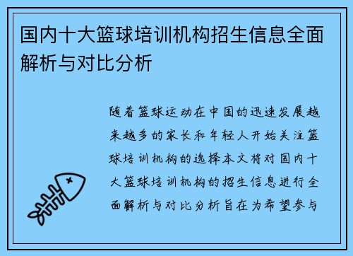 国内十大篮球培训机构招生信息全面解析与对比分析