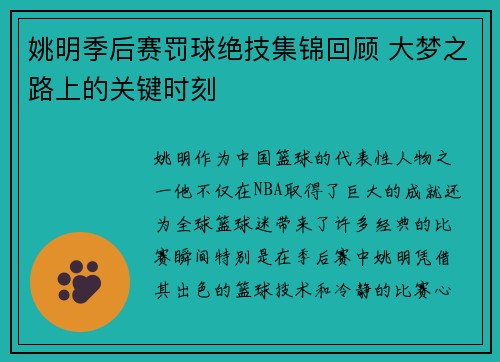 姚明季后赛罚球绝技集锦回顾 大梦之路上的关键时刻