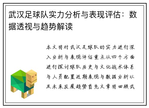 武汉足球队实力分析与表现评估：数据透视与趋势解读
