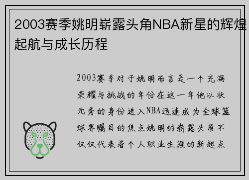 2003赛季姚明崭露头角NBA新星的辉煌起航与成长历程